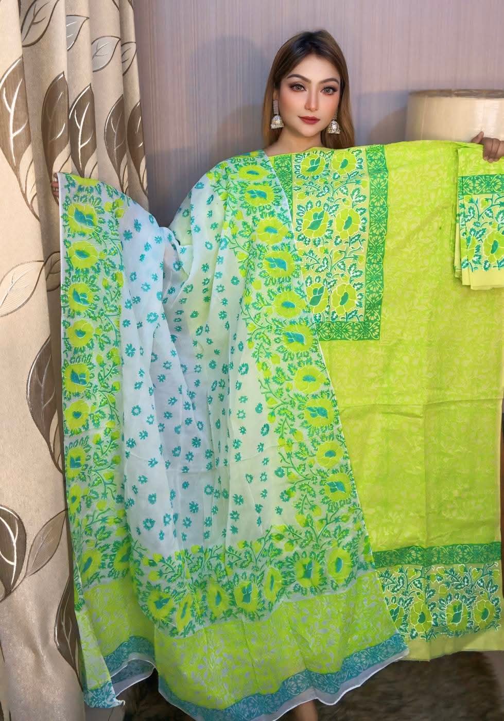 Premium Lime Green & White Block Printed Cotton Unstitched Three-Piece Set | এক্সক্লুসিভ বেক্সি কটন ব্লক প্রিন্ট থ্রি-পিস - লাইম গ্রিন ও হোয়াইট কম্বিনেশন | 1002