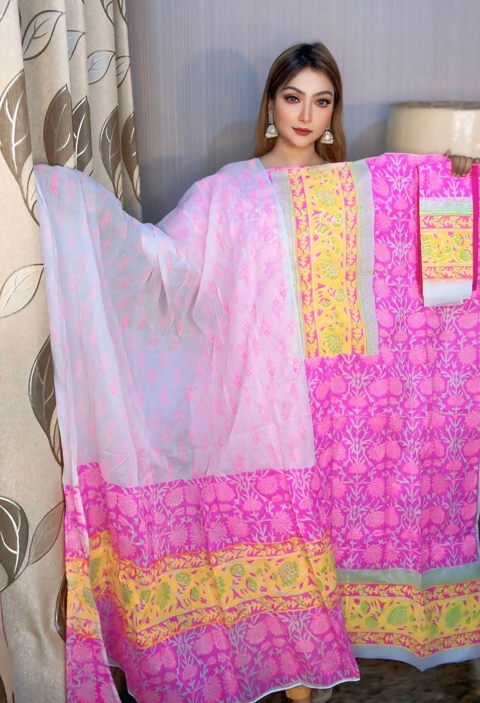Premium Bexi Voile Block Printed Three-Piece Collection - 1003 |  প্রিমিয়াম বেক্সি ভয়েল ব্লক প্রিন্ট থ্রি-পিস কালেকশন -1003