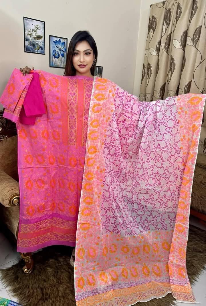 Exclusive Bexi Voile Block Printed Three-Piece Collection- sprihapro  | 1004  | এক্সক্লুসিভ বেক্সি ভয়েল ব্লক প্রিন্ট থ্রি-পিস কালেকশন | 1004