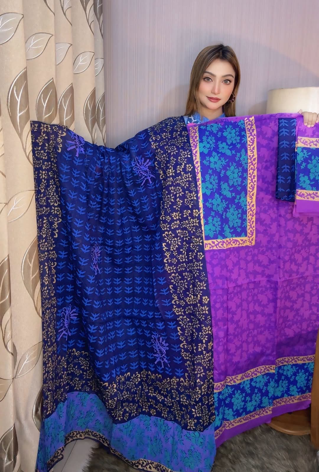 Exclusive Bexi Voile Block Printed Three-Piece Collection - spriha pro  | 1005  |  এক্সক্লুসিভ বেক্সি ভয়েল ব্লক প্রিন্ট থ্রি-পিস কালেকশন  | 1005
