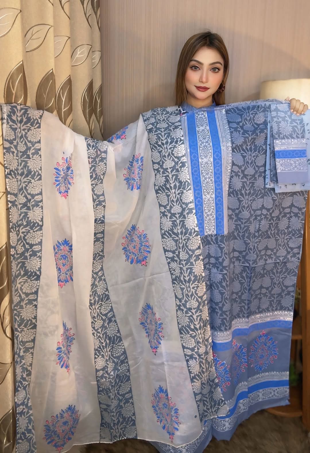 Premium Bexi Voile Block Printed Three-Piece Collection -spriha pro- 1007 |  প্রিমিয়াম বেক্সি ভয়েল ব্লক প্রিন্ট থ্রি-পিস কালেকশন -1007