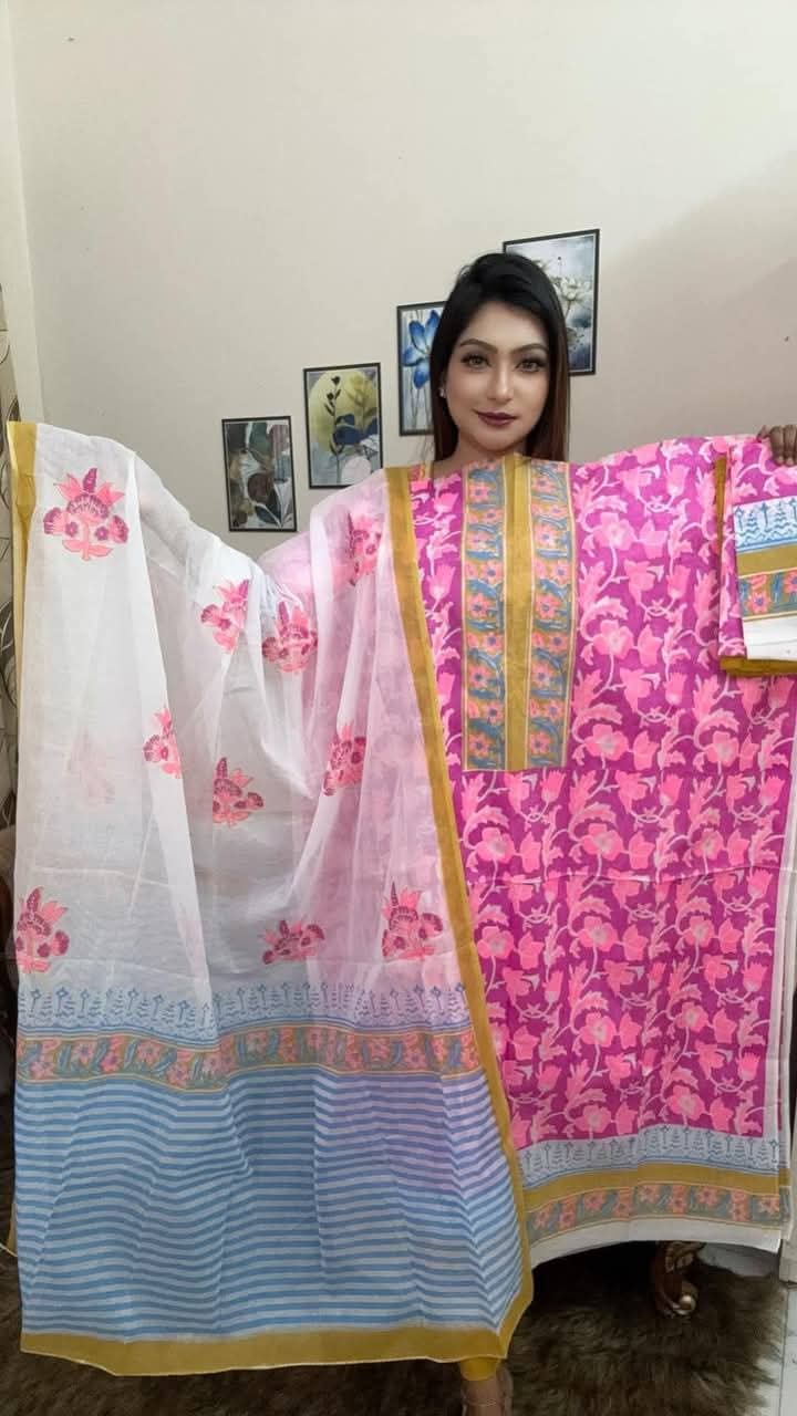 Exclusive Bexi Voile Block Printed Three-Piece Collection-sprihapro 1010 /এক্সক্লুসিভ বেক্সি ভয়েল ব্লক প্রিন্ট থ্রি-পিস কালেকশন