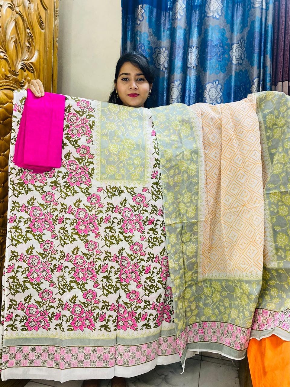 Exclusive Bexi Voile Block Printed Three-Piece Collection- spriaha pro 1011 /  এক্সক্লুসিভ বেক্সি ভয়েল ব্লক প্রিন্ট থ্রি-পিস কালেকশন