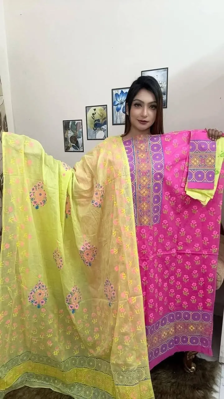 Premium Vexi Voile Hand Block Print Unstitched 3-Piece Set - Rani Pink & Lemon Yellow - spriha pro 1007